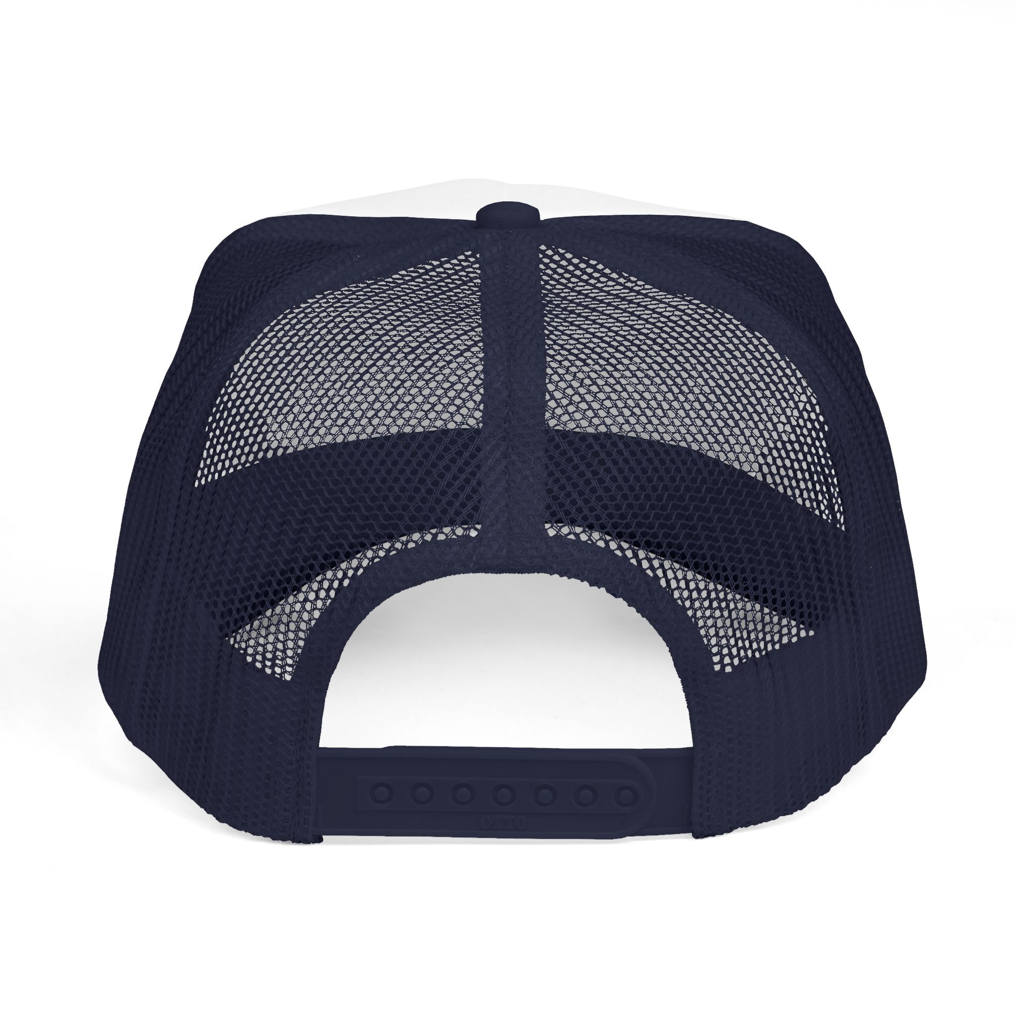 Back view of The "See You in the Pitch, Motherfu**ers!" Trucker Hat in navy blue mesh with an adjustable snapback—ideal for soccer fans.