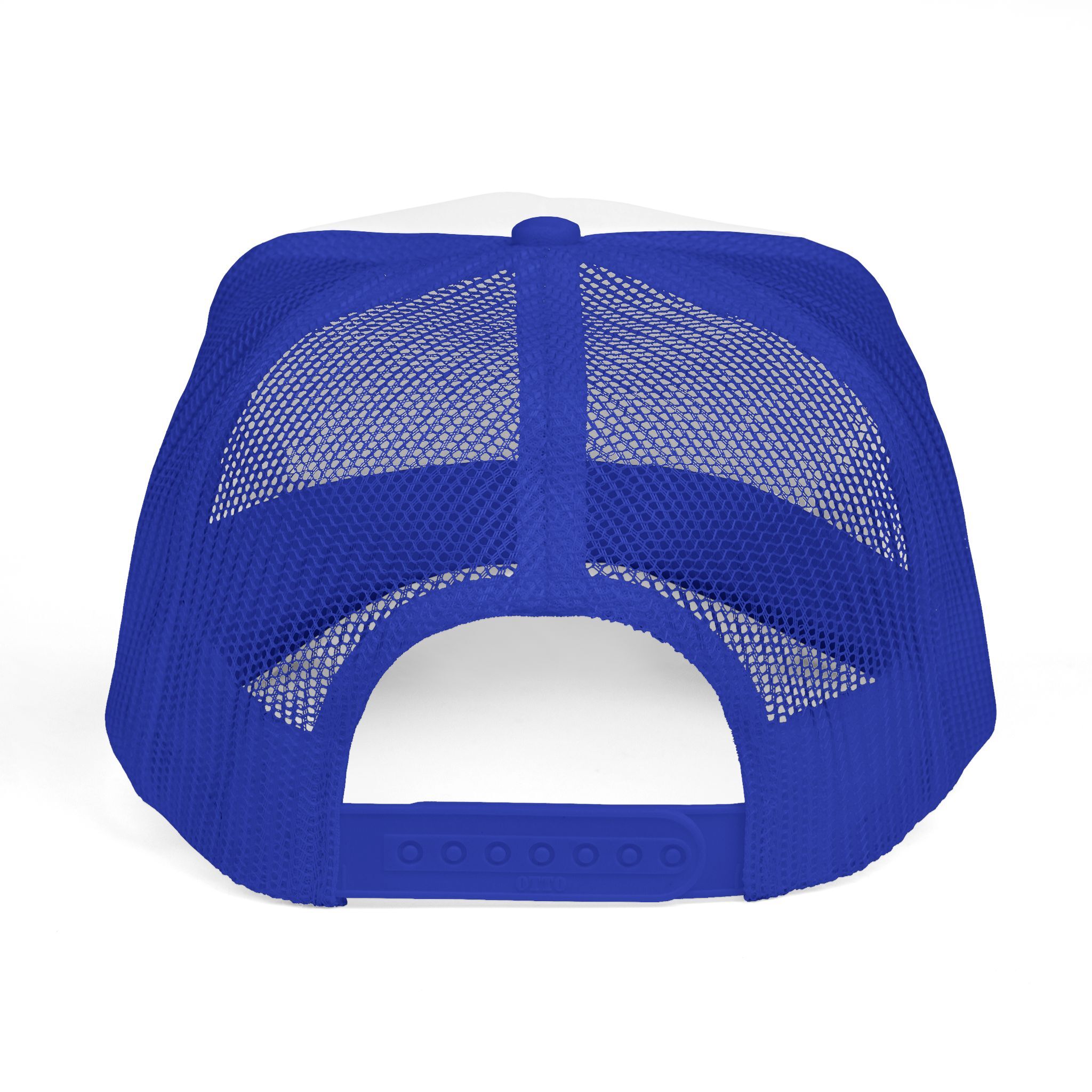 Back view of The "See You in the Pitch, Motherfu**ers!" Trucker Hat—blue mesh, trucker style with adjustable plastic snap closure—perfect for making a bold statement on and off the field.