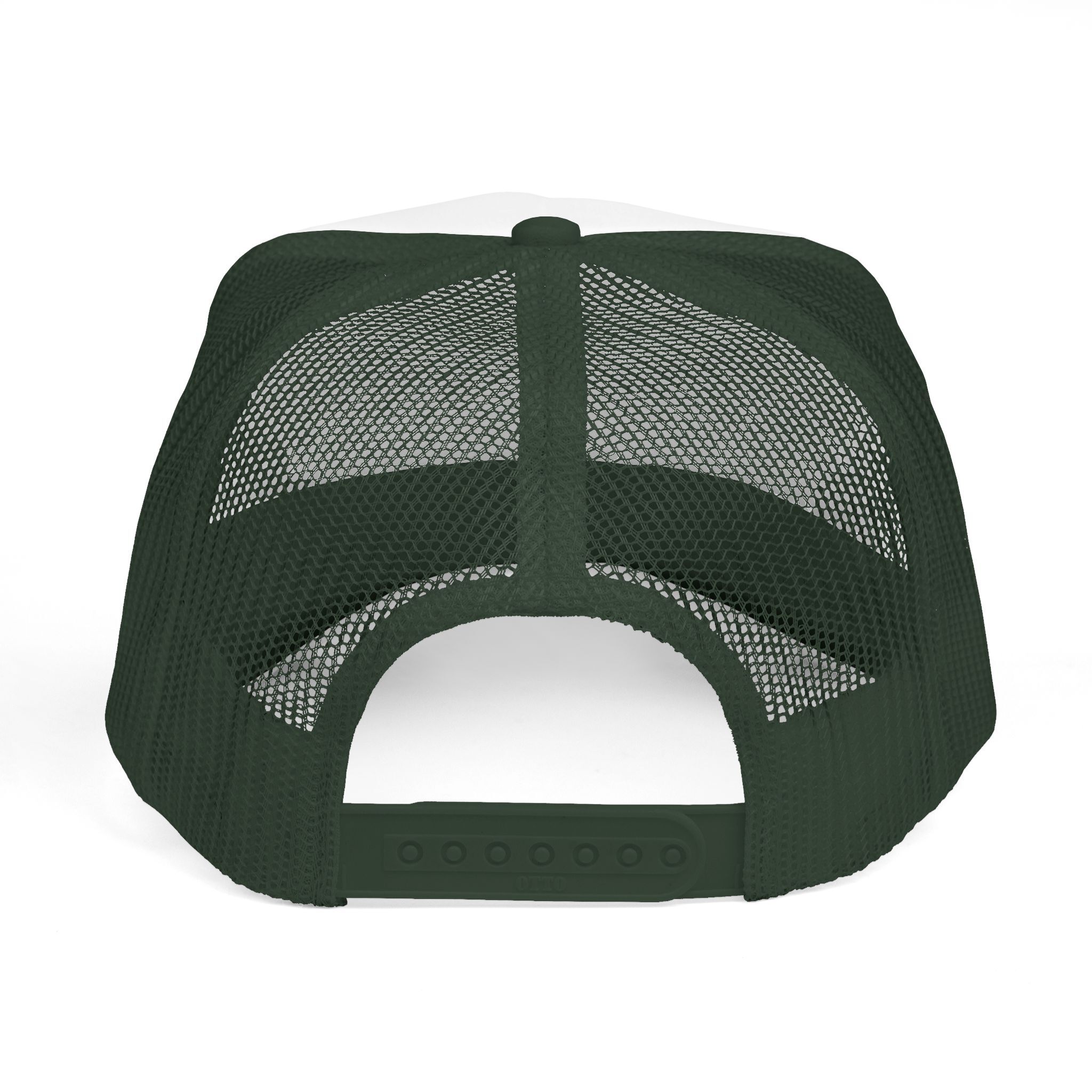 Back view of The "See You in the Pitch, Motherfu**ers!" Trucker Hat in dark green, featuring mesh panels and an adjustable snap closure. The bold text adds a sporty edge.