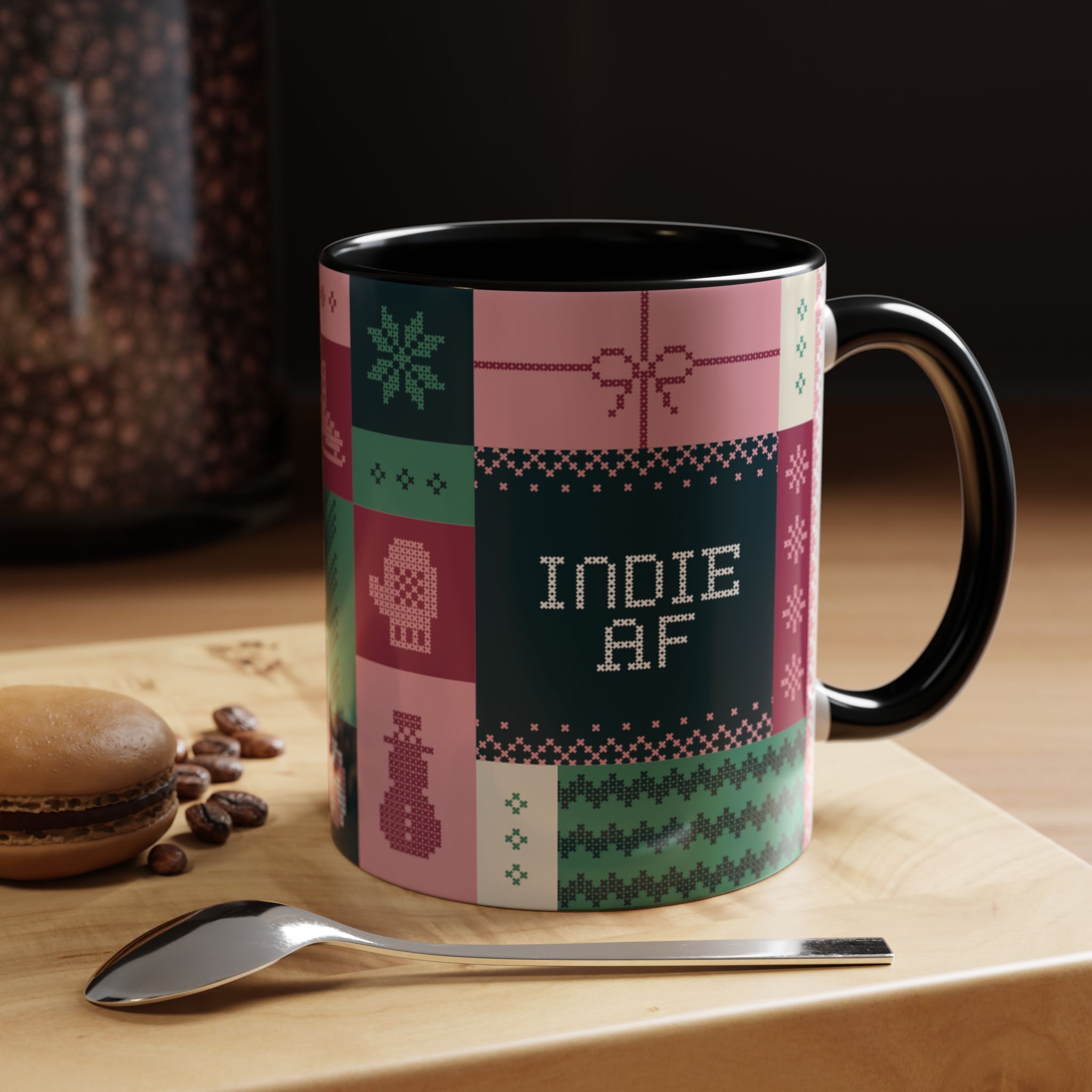 The "Mandatory Fun" Mug - Pink | 11oz by Grown features pixel art patchwork on a black handle, shown on a tray with treats—ideal for the Indie AF 2025 Holidays collection.