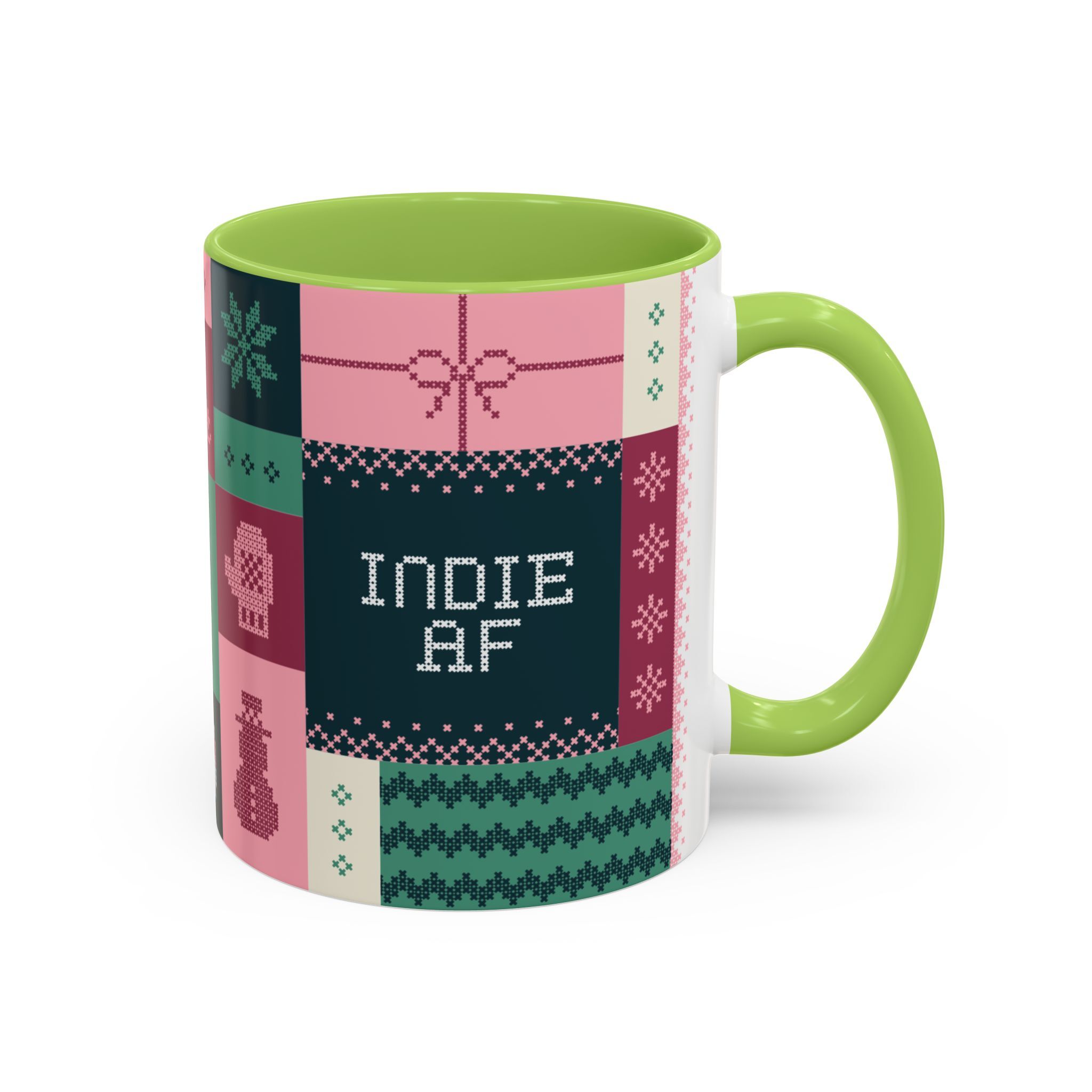 The "Mandatory Fun" Mug - Pink | 11oz by Grown features pixel art and the text INDIE AF—perfect for celebrating the 2025 Holidays in style.