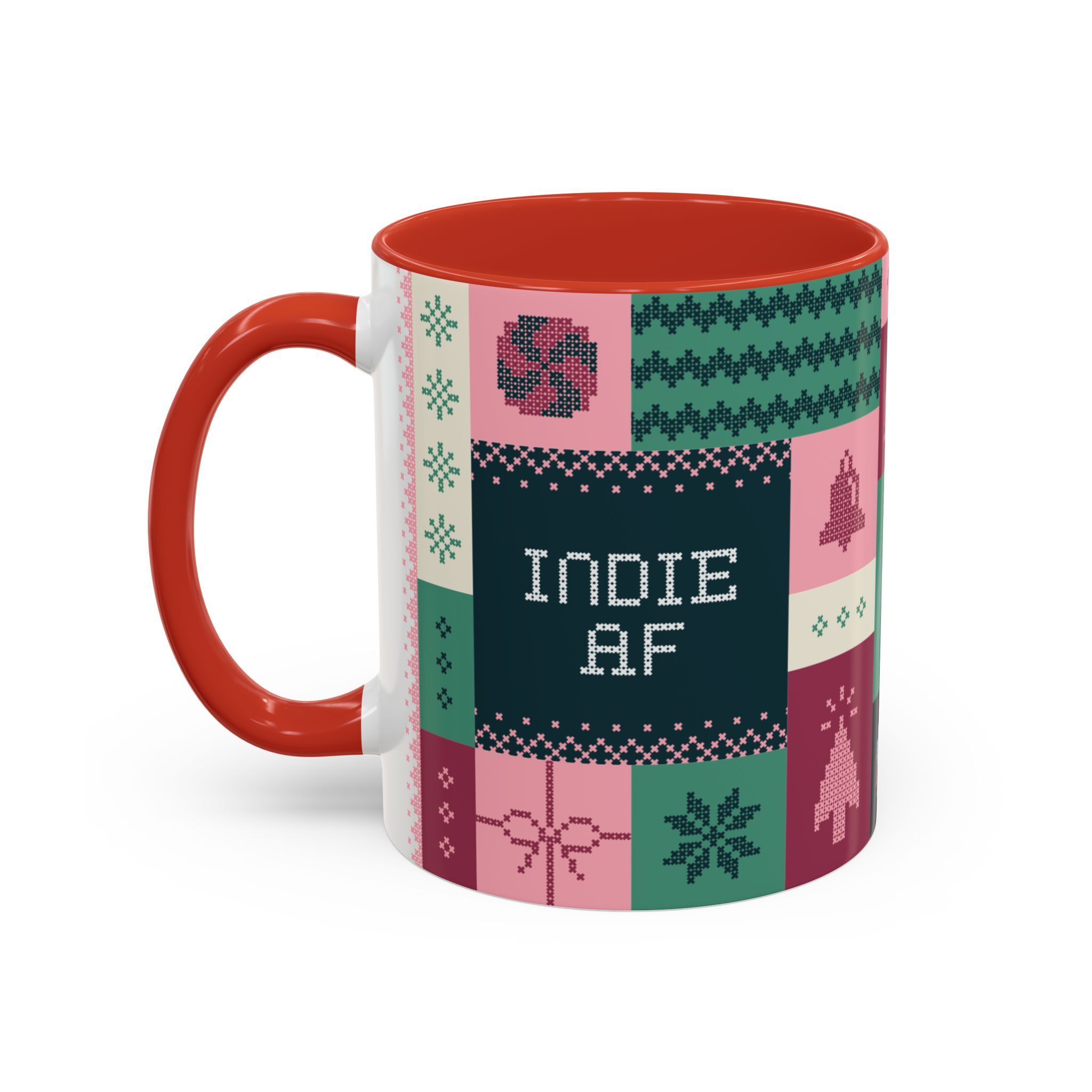 The "Mandatory Fun" Mug - Pink | 11oz is a ceramic Indie AF mug by Grown, featuring a colorful patchwork design and pixelated INDIE AF text—perfect for showcasing your style during the 2025 Holidays.