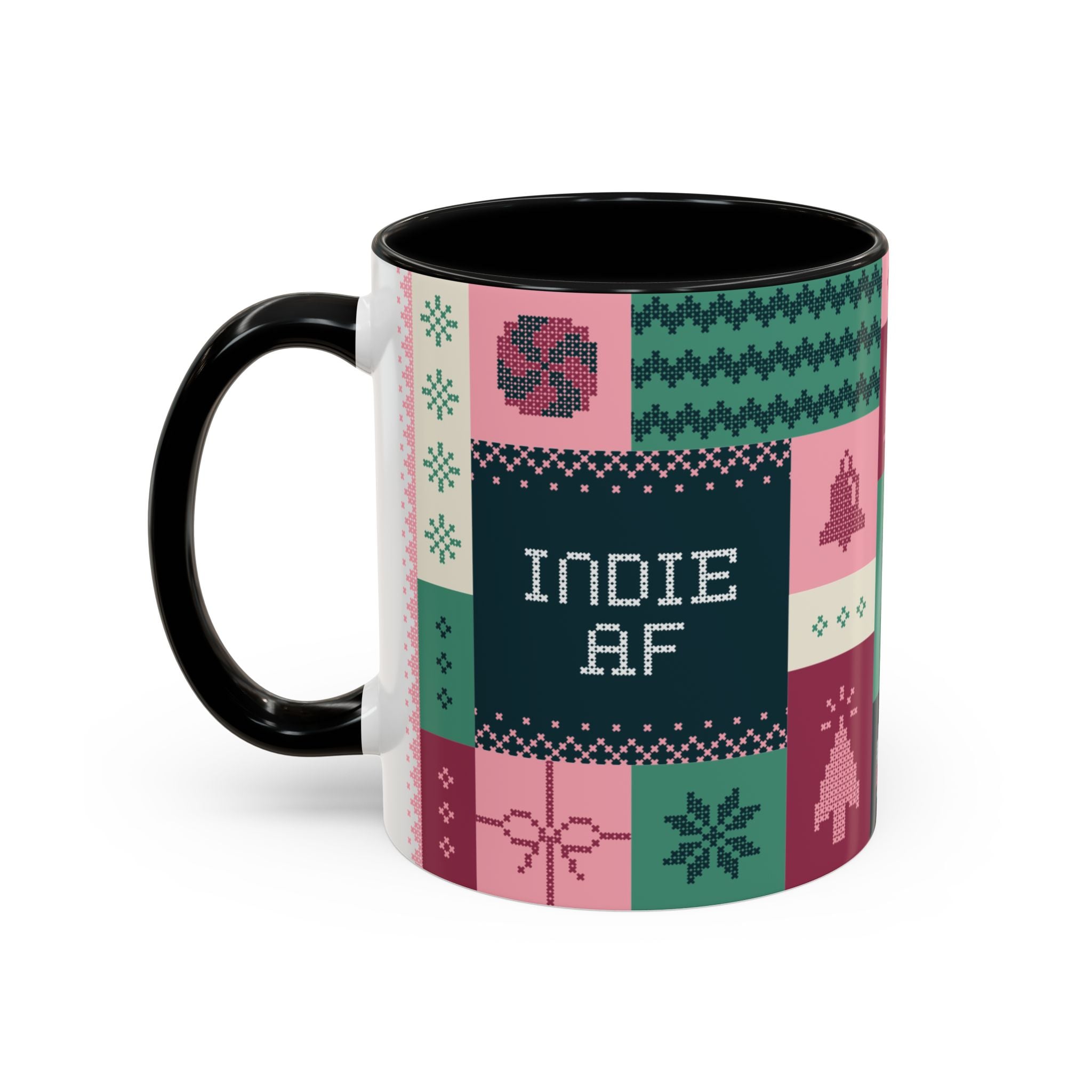 The "Mandatory Fun" Mug - Pink | 11oz, by Grown, is an Indie AF ceramic mug with a patchwork design and pixelated text—your perfect 2025 Holidays go-to.