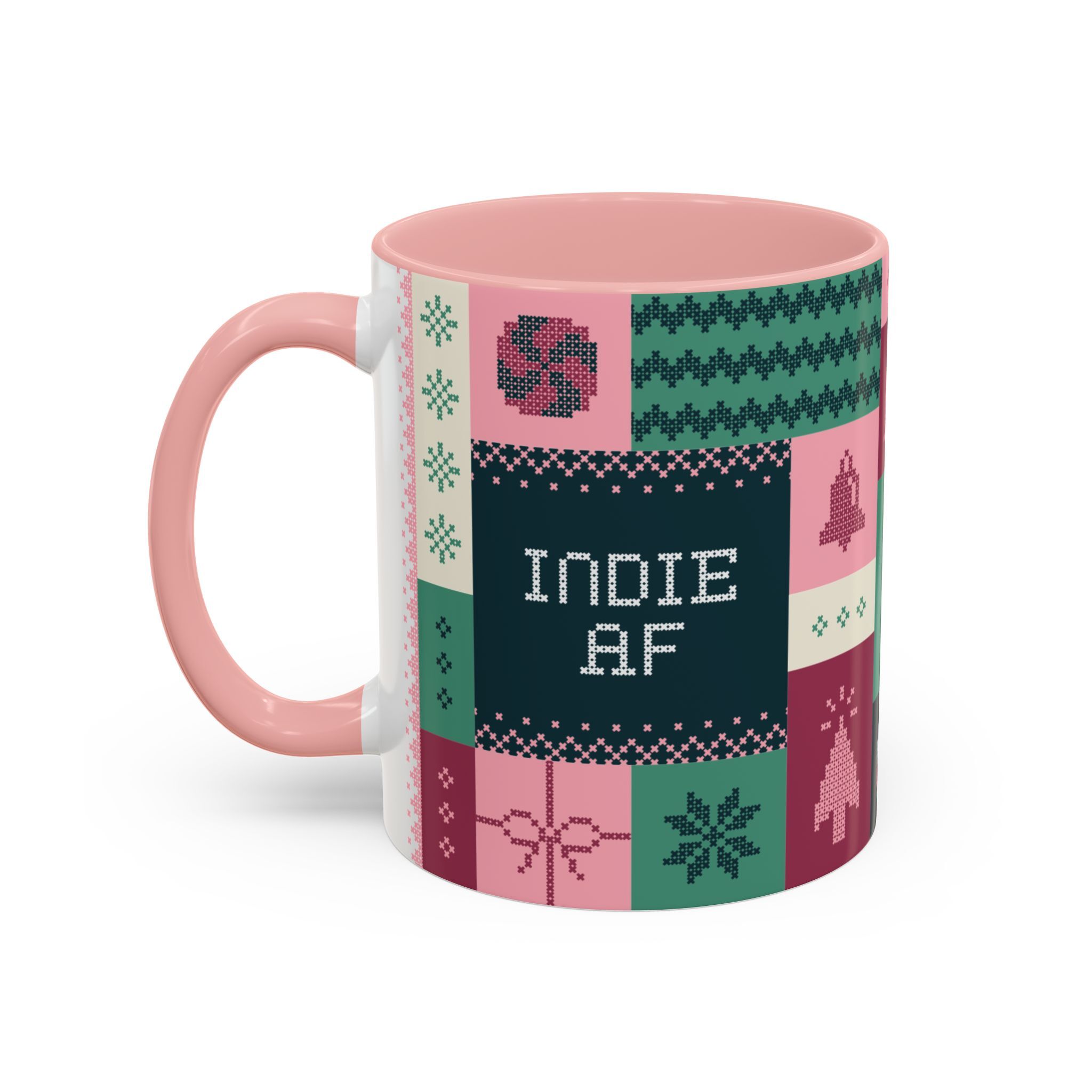 The "Mandatory Fun" Mug - Pink | 11oz by Grown features a patchwork pixel art design in green, black, and red with INDIE AF text at the center—your perfect Indie AF 2025 Holidays mug!.