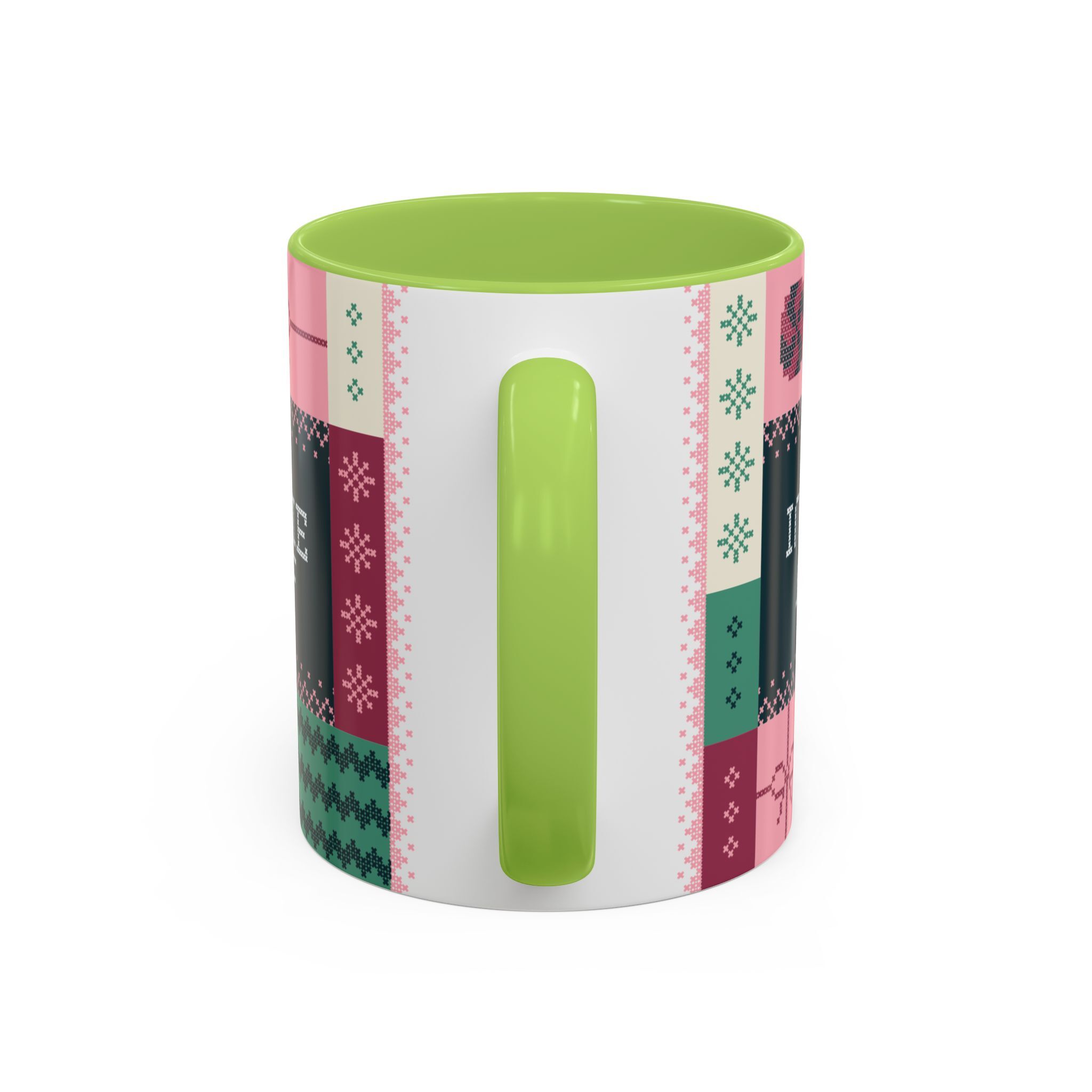 The "Mandatory Fun" Mug - Pink | 11oz Indie AF 2025 Holidays by Grown features a festive, colorful knit-pattern design on its exterior, perfect for celebrating the season.