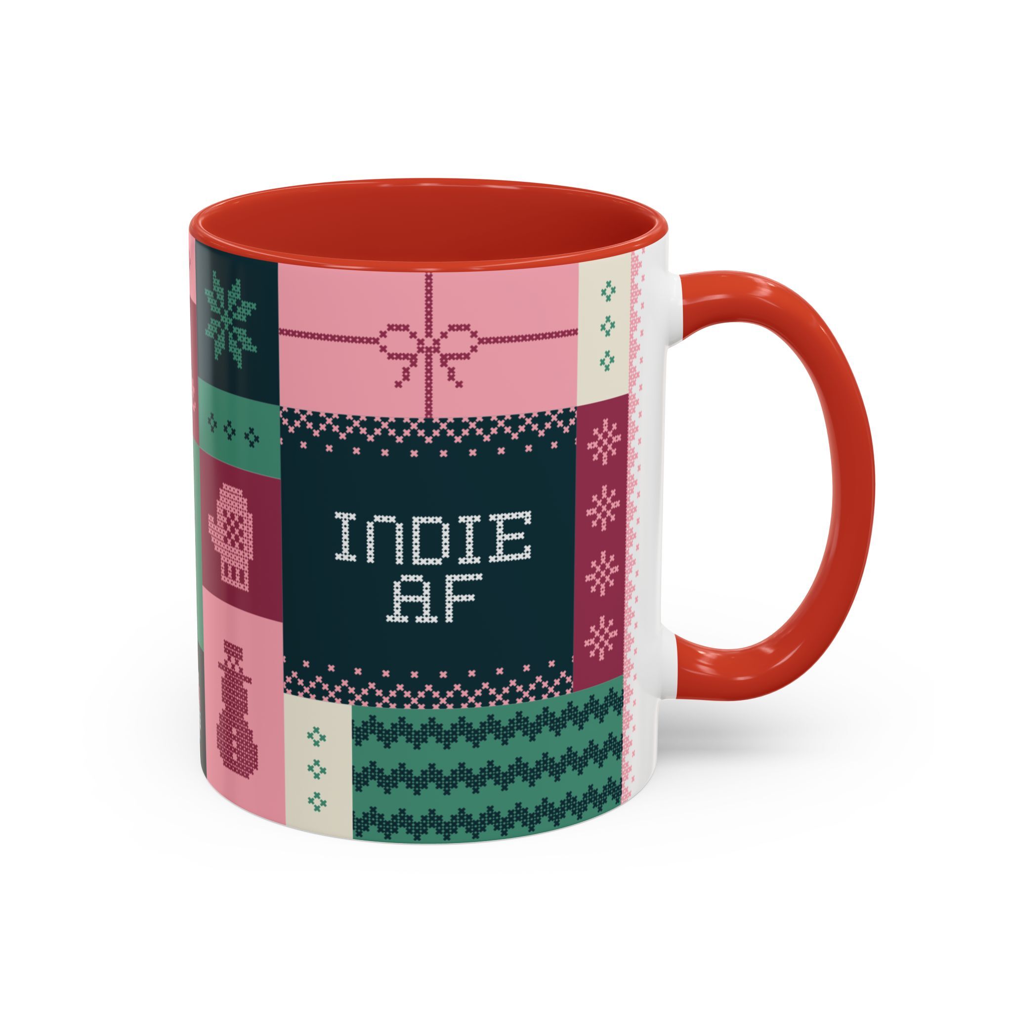 The "Mandatory Fun" Mug - Pink | 11oz Indie AF 2025 Holidays by Grown: a ceramic mug with pink handle and interior, patchwork design, and pixel art text—perfect for celebrating the 2025 holidays.