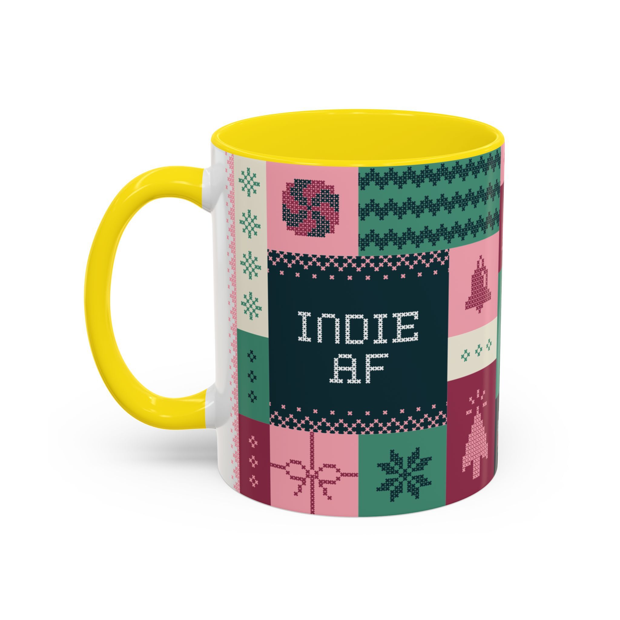 Celebrate the 2025 Holidays with The "Mandatory Fun" Mug - Pink by Grown—an 11oz mug featuring a pink handle and interior, colorful patchwork design, and bold pixelated "INDIE AF" text.