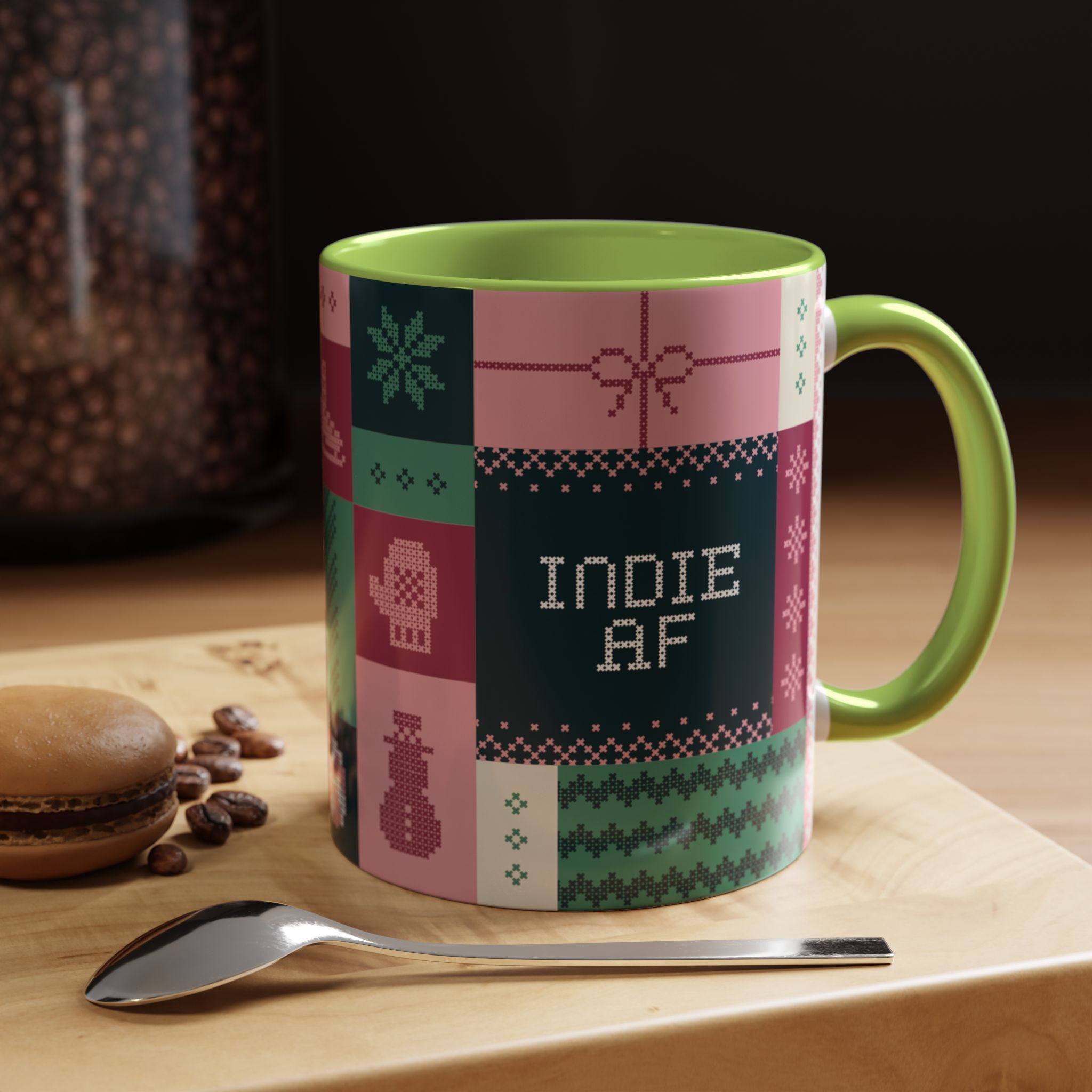 The "Mandatory Fun" Mug - Pink | 11oz Indie AF 2025 Holidays by Grown features pixel-art and text, shown on a wooden tray with a macaron, coffee beans, and spoon—an ideal choice for your 2025 Holidays mug collection.