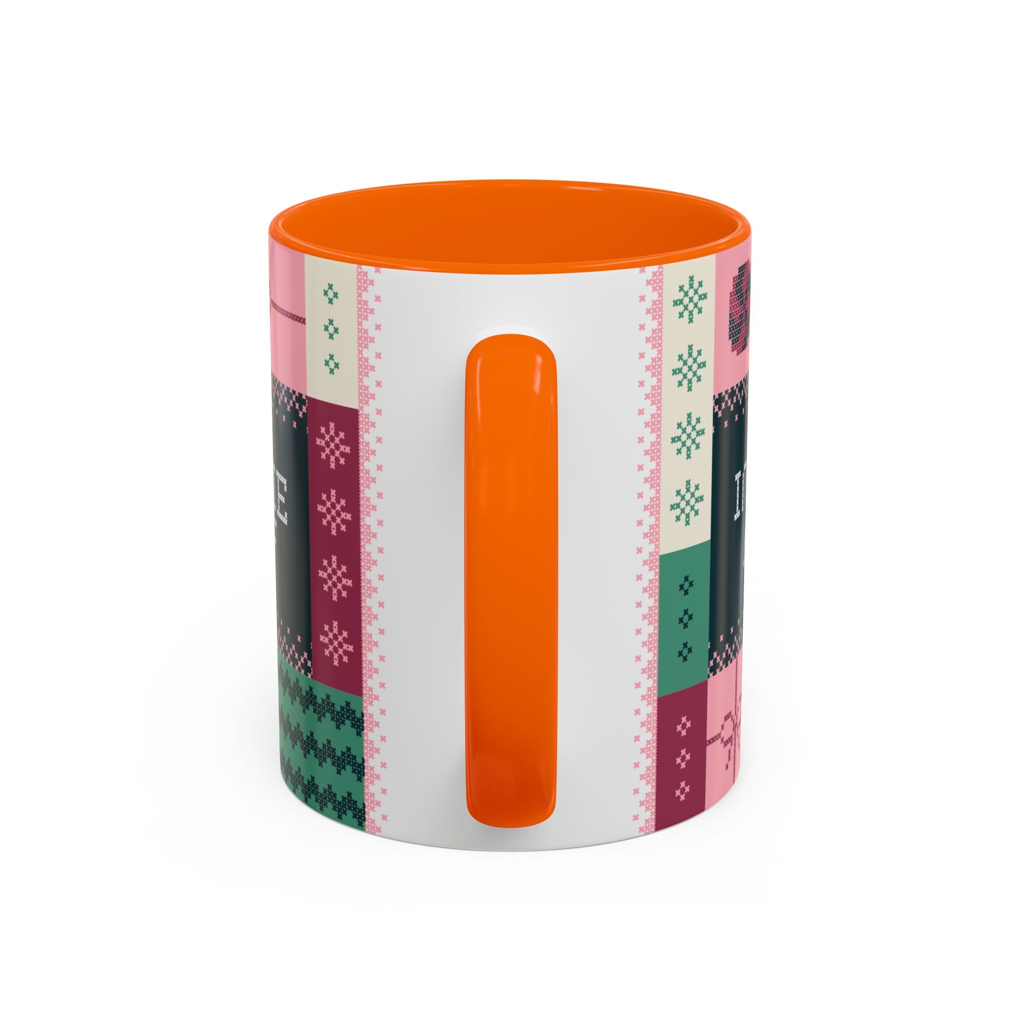 The "Mandatory Fun" Mug - Pink | 11oz Indie AF 2025 Holidays by Grown is a ceramic mug with an orange handle and interior, and a festive green, pink, and black pattern along the exterior.