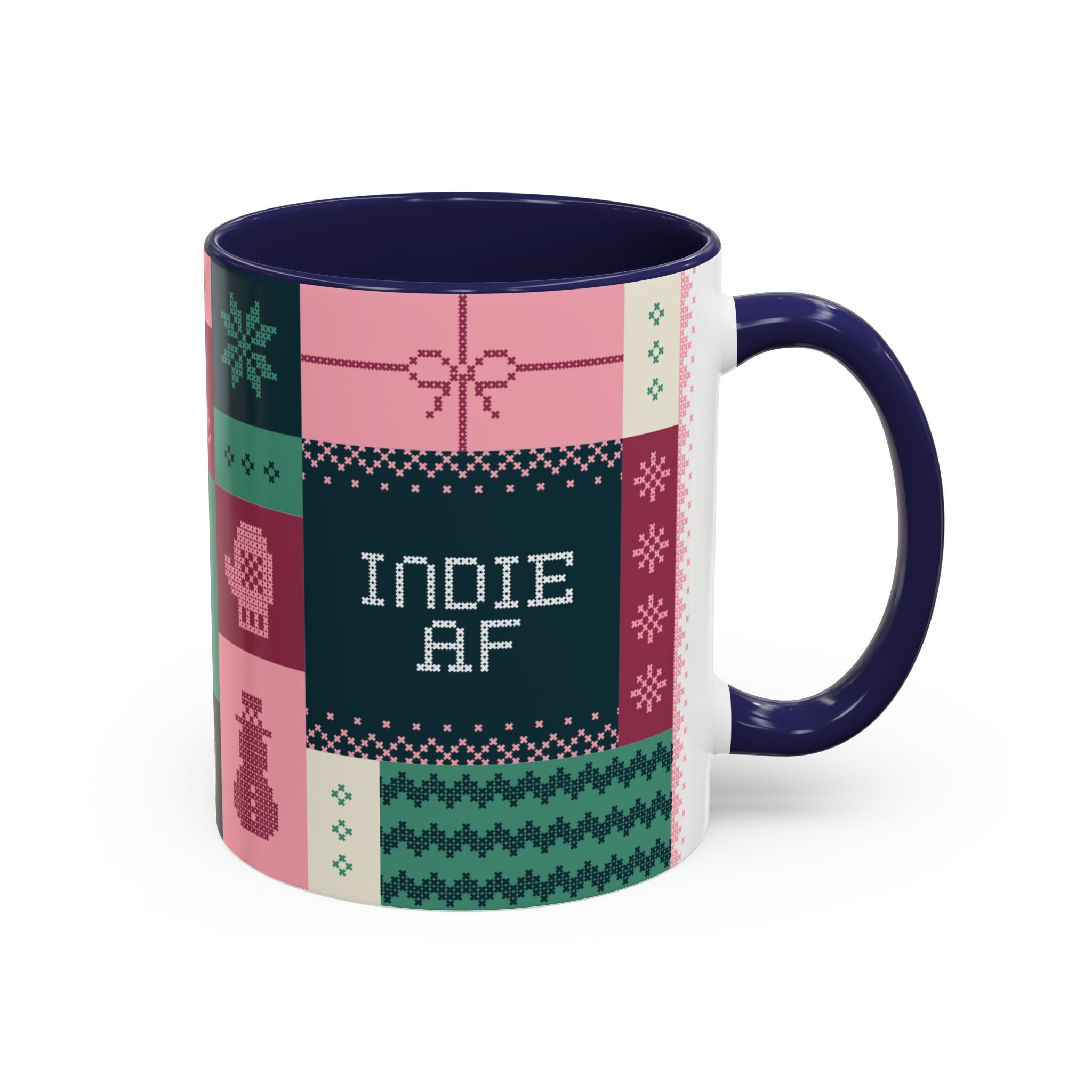 The "Mandatory Fun" Mug—Pink, 11oz by Grown. Features a patchwork design and pixelated INDIE AF text. Perfect for celebrating the 2025 holidays in unique indie style!.