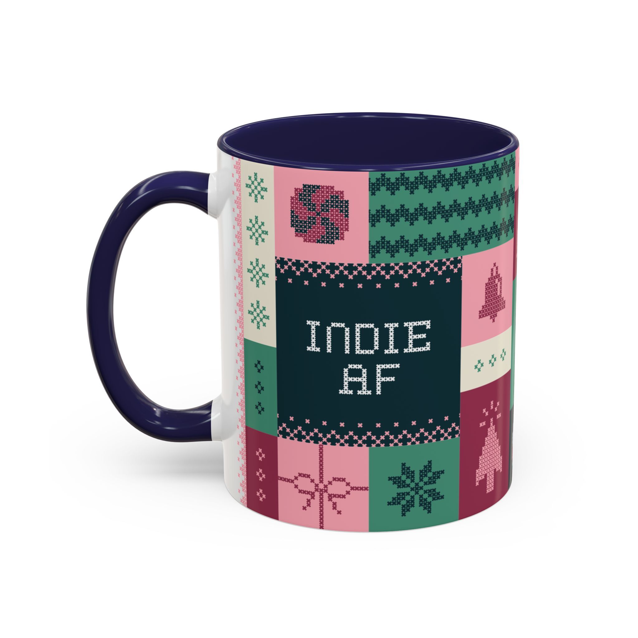 The "Mandatory Fun" Mug - Pink | 11oz by Grown is a ceramic mug featuring a colorful patchwork design and “INDIE AF” in pixel font—perfect for the 2025 Holidays or as your go-to Mug.