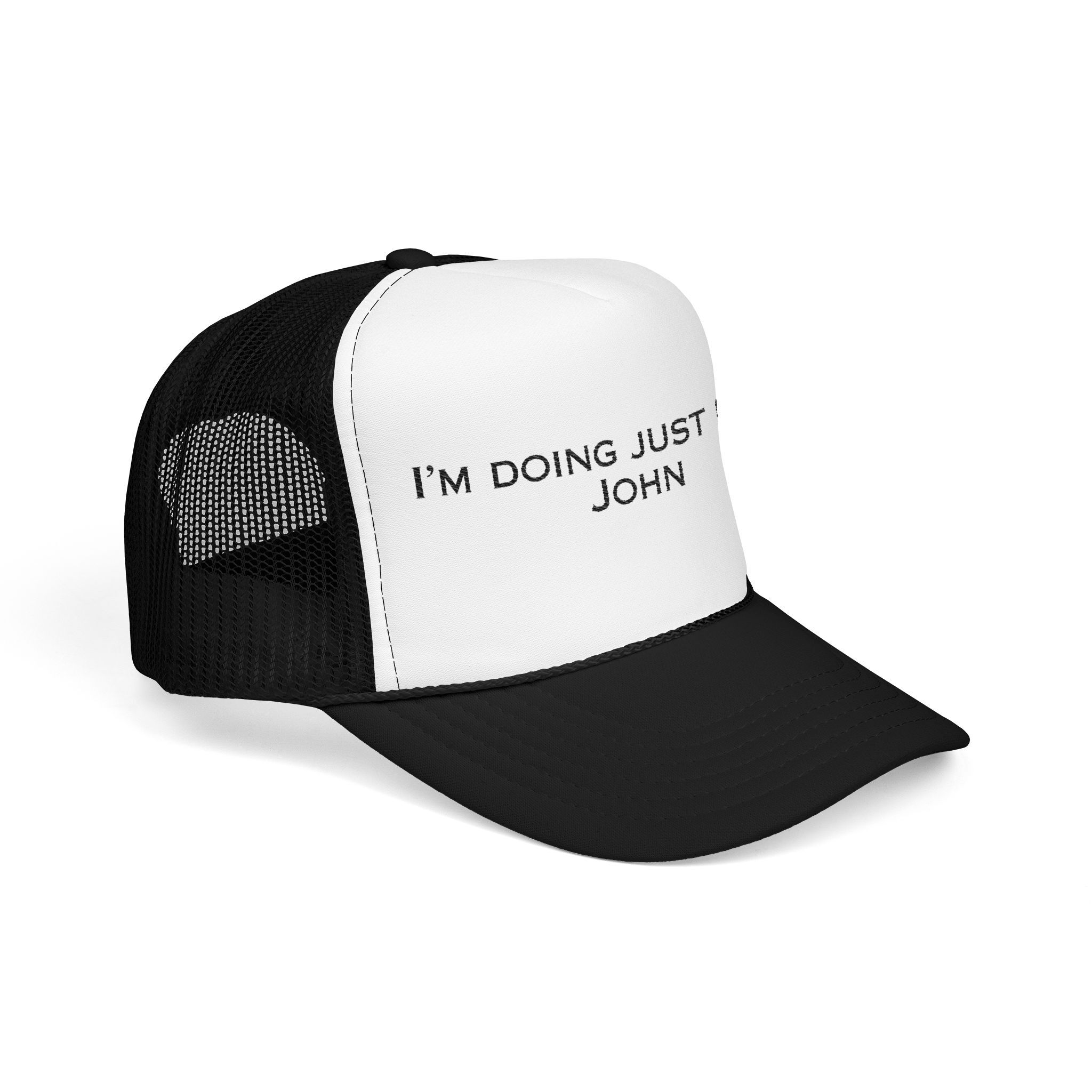 The "I'm Doing Just Fine, John" Trucker Hat features IM DOING JUST JOHN on the front in bold letters. Available in light color options, it's perfect for those following the popular "I'm Doing Just Fine John" hat trend.