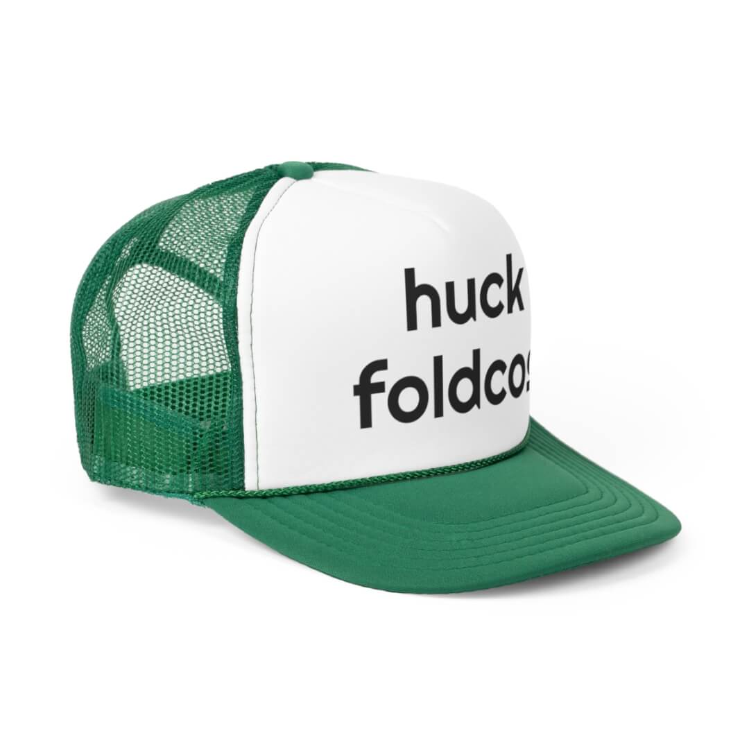 The Foldcos Trucker Hat features a green and white design with huck foldco boldly printed in black on the front panel.