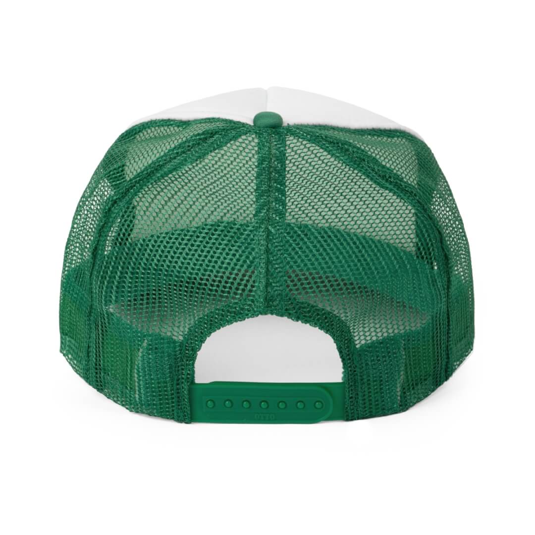 Back view of the Foldcos Trucker Hat shows its green mesh panel and adjustable snap closure.