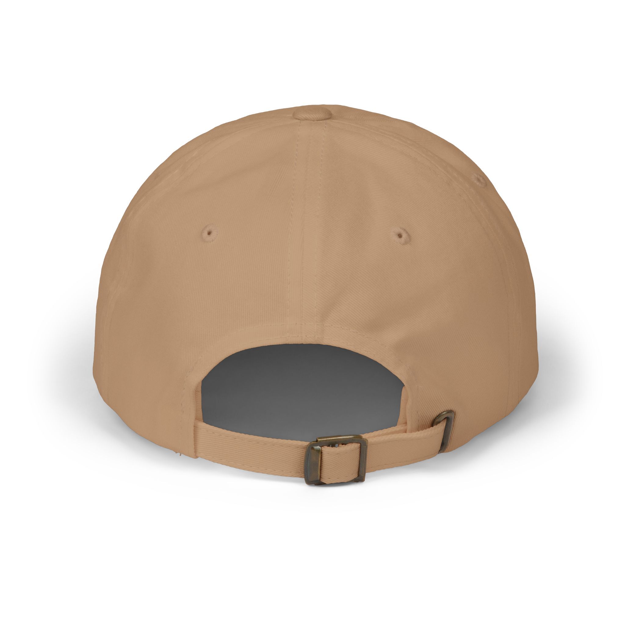 The Macrons Secret Weakness Baseball Cap in beige, shown from the back with an adjustable strap, metal buckle, and stitched ventilation holes—an essential touch of casual style.