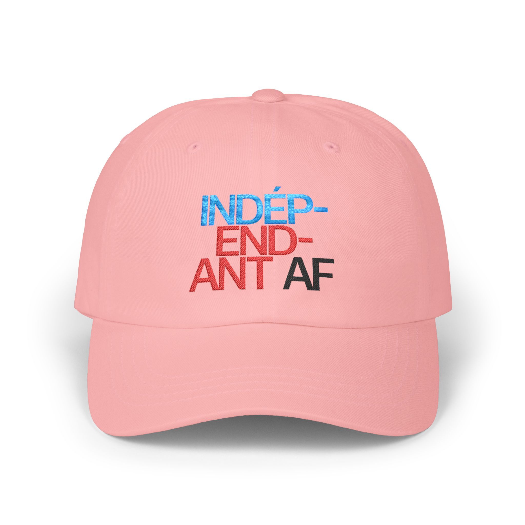 Show off your Macron-inspired style with The Macrons Secret Weakness Baseball Cap—a pink cap featuring “INDÉPENDANT AF” embroidered in blue, red, and black on the front. Perfect for making a bold statement.