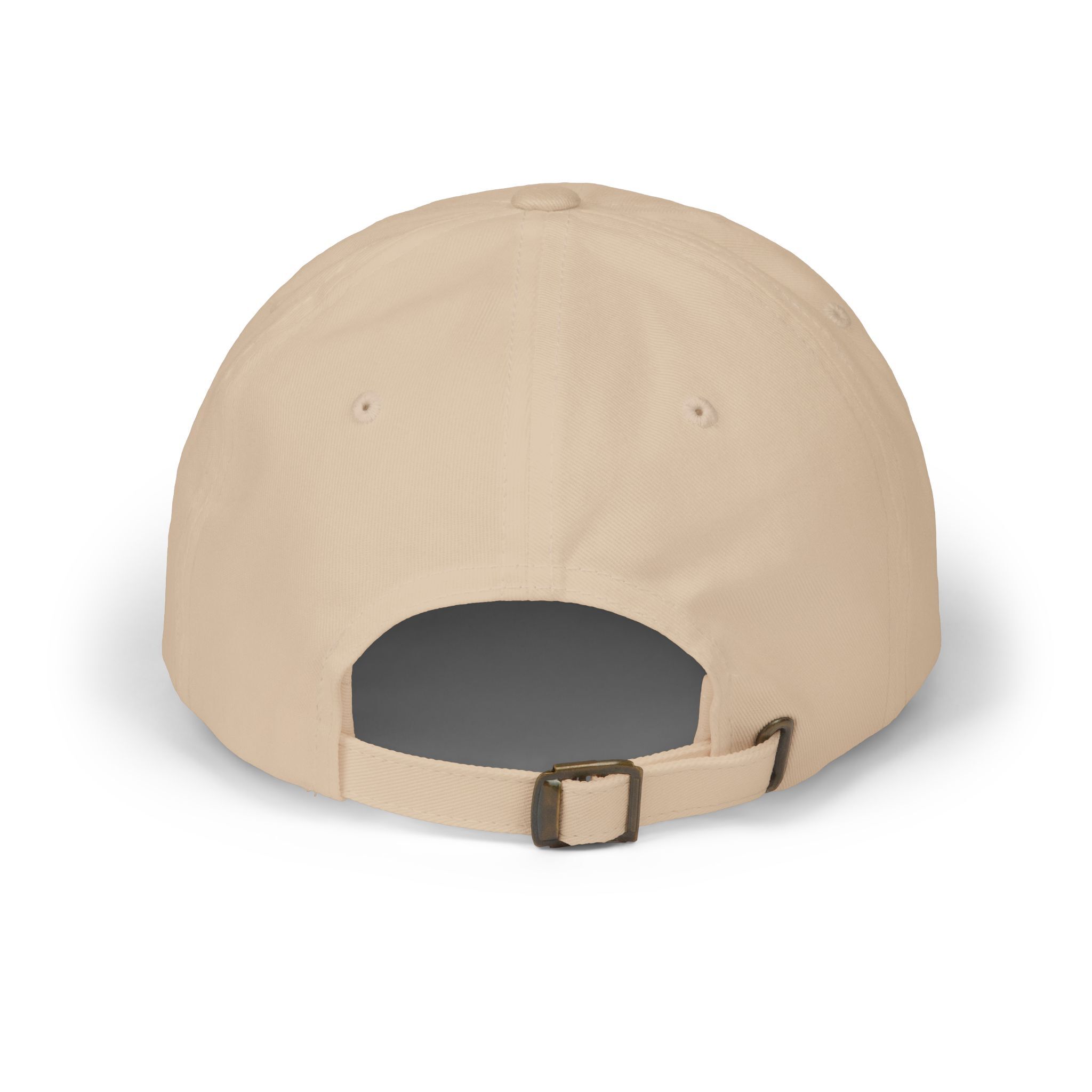 Back view of The Macrons Secret Weakness Baseball Cap in beige, showcasing an adjustable metal buckle strap and stitched eyelets—a timeless classic.