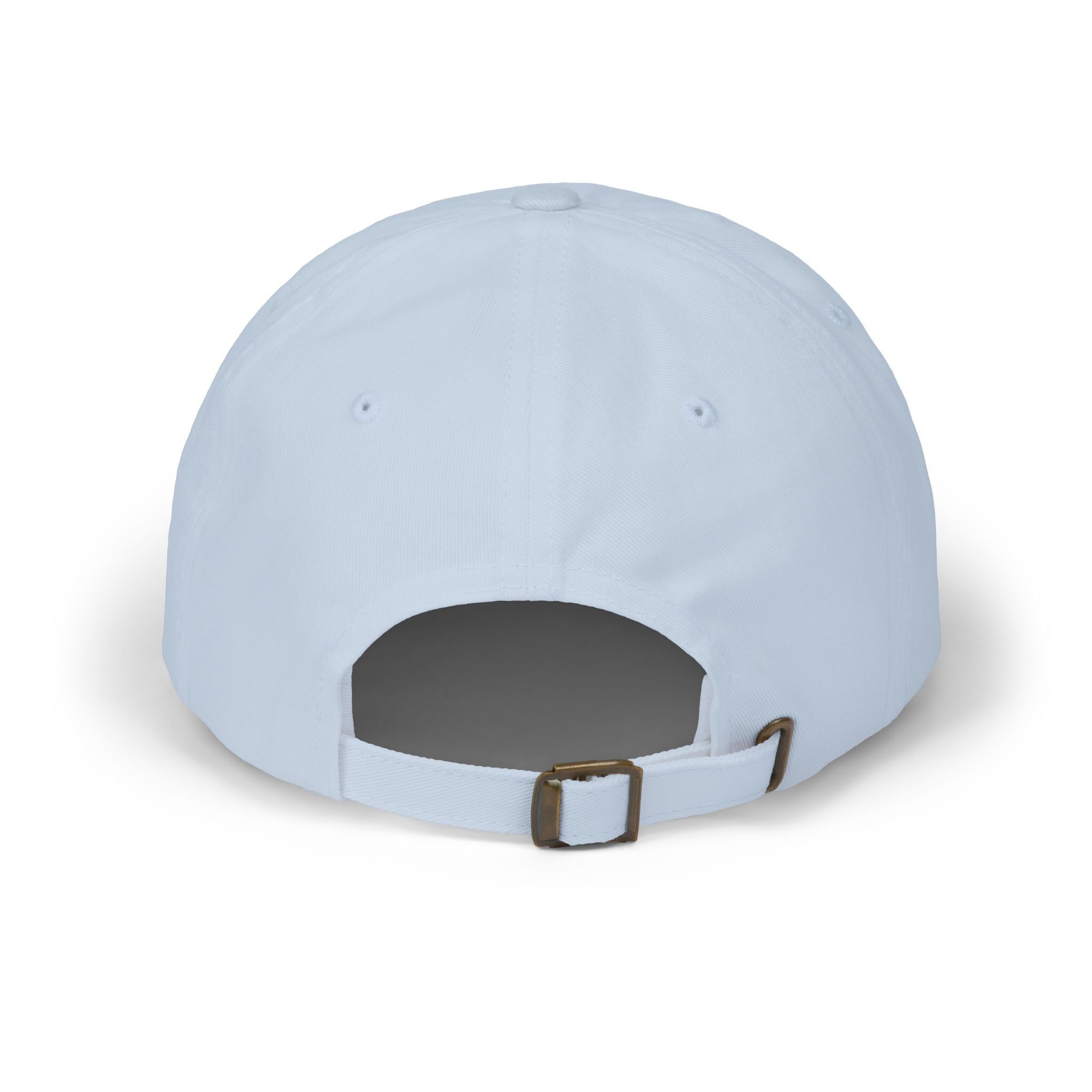 Back view of The Macrons Secret Weakness Baseball Cap in light blue, featuring an adjustable strap with a metal buckle.