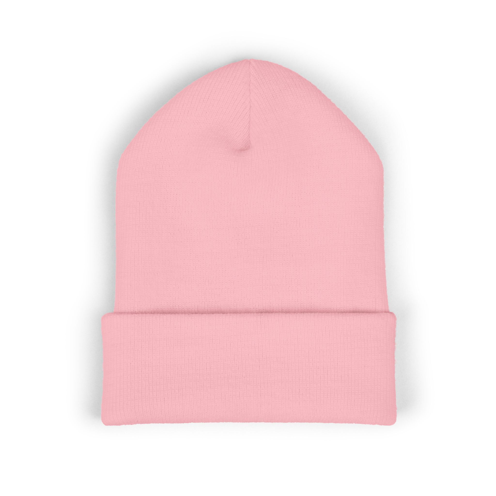 The Indie AF 2025 Holidays by Grown Cuffed Beanie features subtle dark embroidery on light pink with a folded brim, displayed on a white background.