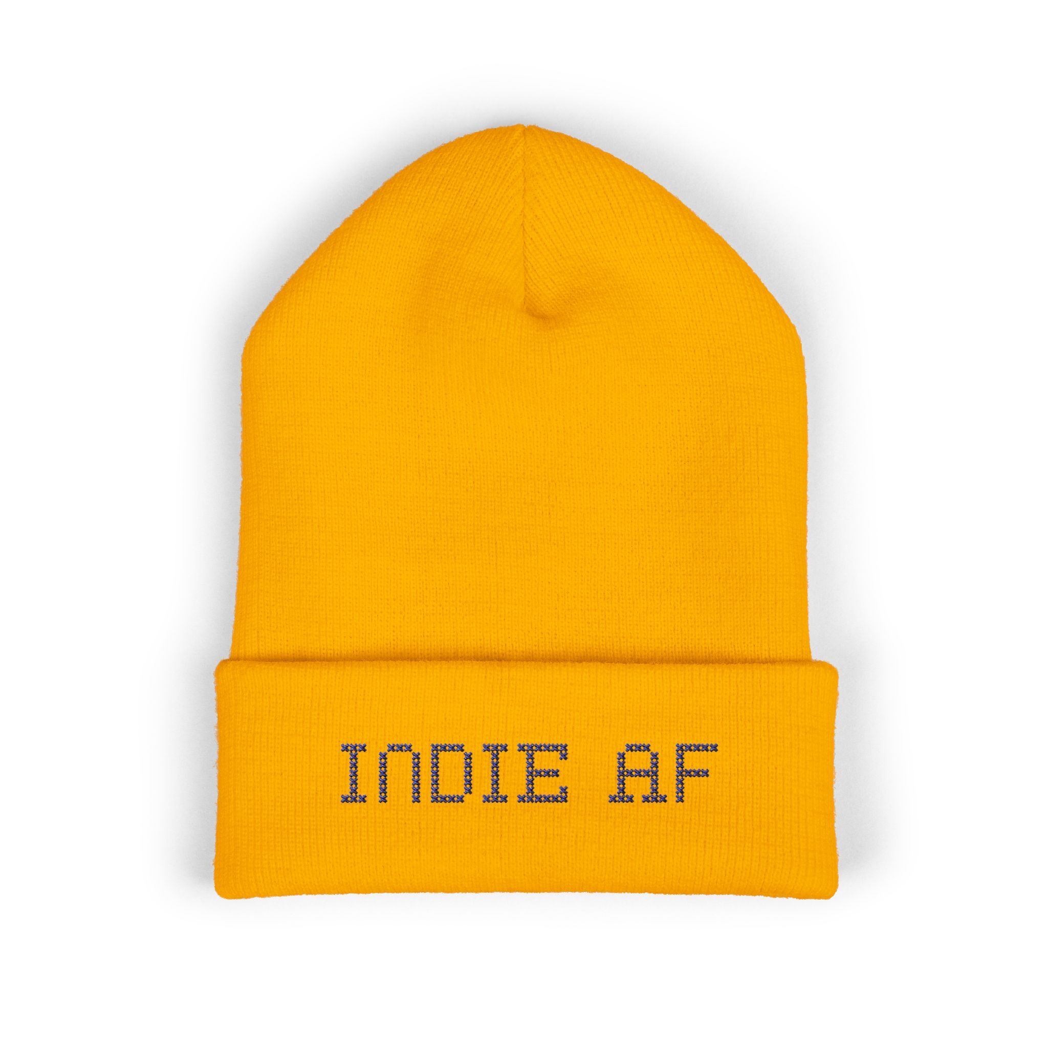 The Indie AF 2025 Holidays by Grown cuffed beanie features bold dark embroidery on the folded brim, and is shown in bright yellow against a white background.