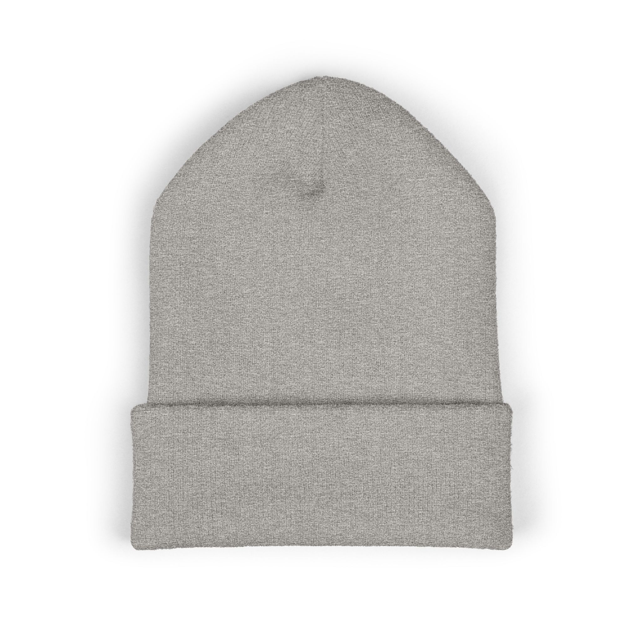 The Indie AF 2025 Holidays by Grown: Cuffed Beanie | Dark Embroidery is a light grey, folded cuffed beanie with subtle dark embroidery, shown from above on a white background—ideal for an indie-inspired look.