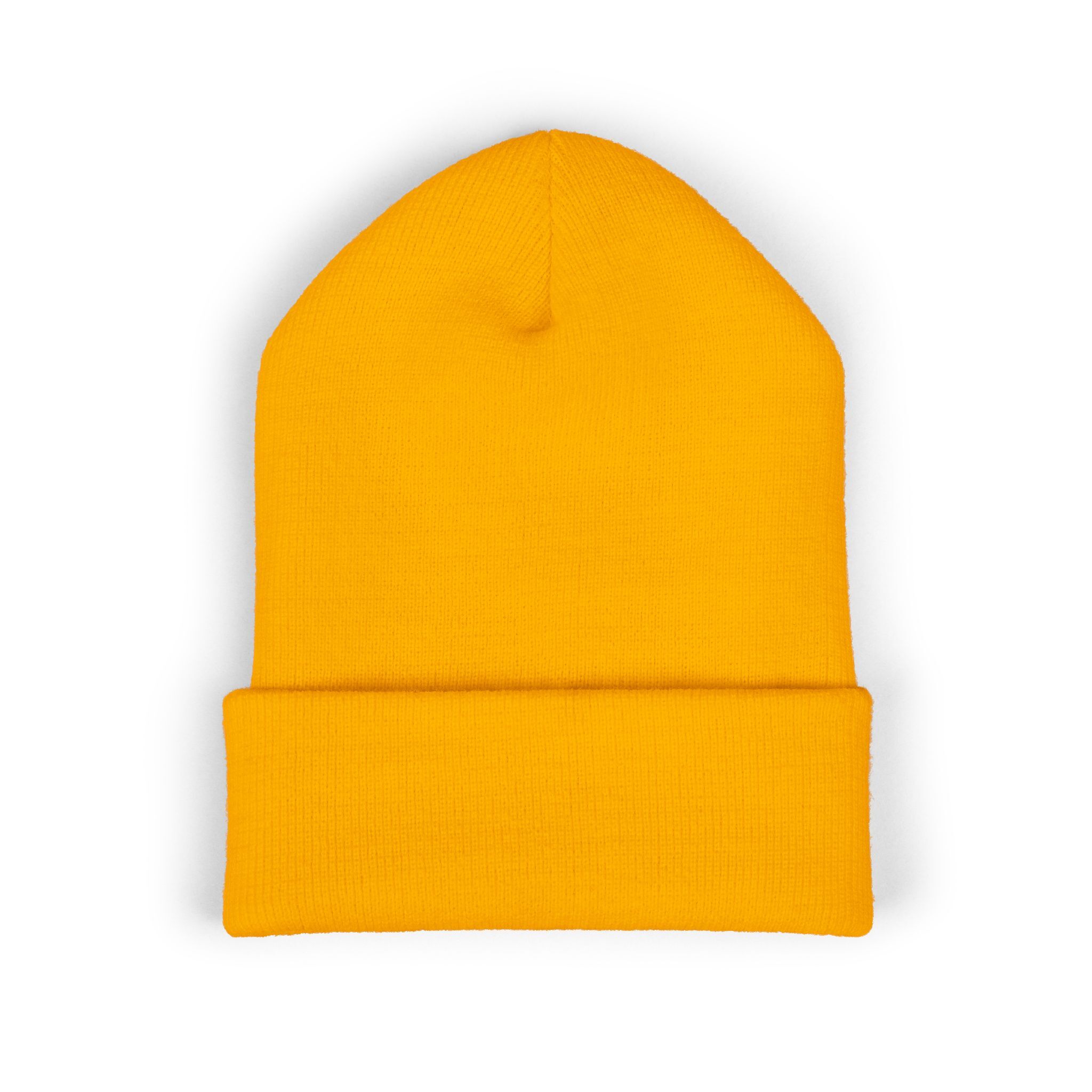 The Indie AF 2025 Holidays by Grown: Cuffed Beanie | Dark Embroidery, a bright yellow beanie with a folded brim, is showcased on a white background—ideal for that ultimate Indie AF look.